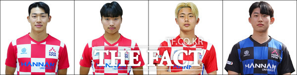 한남대학교 축구부 출신 사진 왼쪽부터 조현우, 이수아, 김동진, 정승배 선수가 대학축구연맹 U20과 U22 연령별 국가대표로 발탁됐다./한남대학교