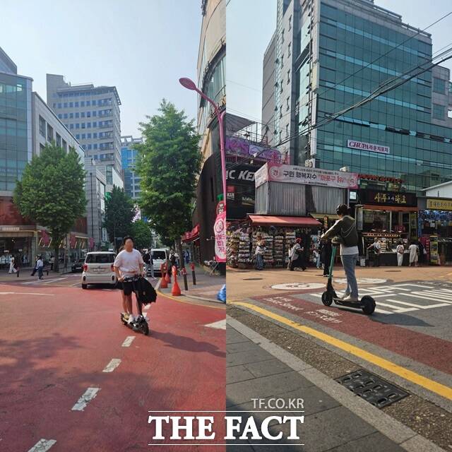 27일 오후 마포구 홍대 레드로드 내 킥보드 없는 거리에 전동 킥보드를 탄 시민들이 지나가고 있다./설상미 기자