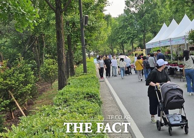 28일 오전 2025 서울국제정원박람회에 현대백화점이 크리스마스트리로 쓰인 전나무를 새롭게 심은 더현대 포세스트 공간 옆에서 시민들이 산책하고 있다. /동작구=우지수 기자