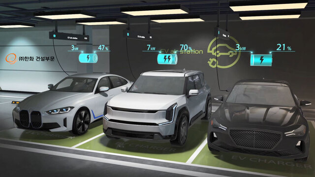 한화 건설부문은 28일 대구 엑스코에서 열린 제21회 소방안전박람회에서 한국토지주택공사(LH)와 함께 천장형 전기차 충전 시스템 EV 에어 스테이션 선보였다. /한화 건설부문