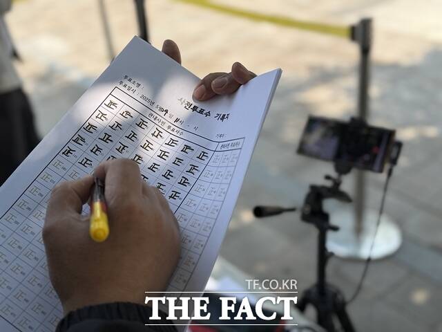 제21대 대통령선거(대선) 사전투표가 시작된 29일 부정선거를 주장하는 윤석열 전 대통령 지지자들이 투표소 앞 감시에 나섰다. 서울 곳곳에서 투표소를 촬영하며 인원을 직접 집계한 이들이 나타난 가운데 시민들은 말도 안 된다는 반응을 보였다. /정인지 기자