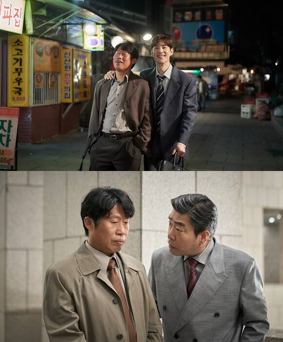 손현주(아래쪽 사진의 오른쪽)는 유해진과 장르나 관계를 바꿔서 다시 한번 만나보고 싶다고 함께 호흡을 맞춘 소감을 전했다. /쇼박스