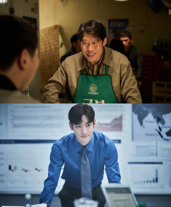 국보그룹의 재무이사 표종록 역을 맡은 유해진(위쪽)은 소주전쟁은 약간의 숙취가 있는 영화라고 말했다. /쇼박스