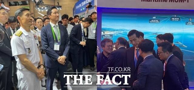 (왼쪽부터) 정기선 HD현대 수석부회장이 지난달 28일 부산 벡스코에서 열린 2025 국제해양방위산업전(MADEX) HD현대중공업 부스에서 양용모 해군참모총장과 함께 있는 모습. 김동관 한화 부회장이 28일 MADEX 한화 부스에서 전시 내용을 점검하는 모습. /최의종 기자