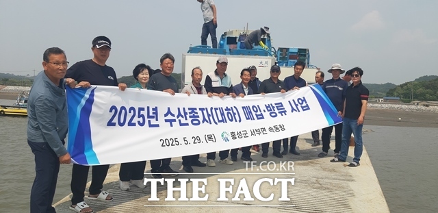 성군은 수산자원의 증대와 어업인 소득향상을 위해 29일 지역 어업인들과 함께 대하 종자 3550만 마리를 서부면 속동항 일원에 방류 완료했다. /홍성군