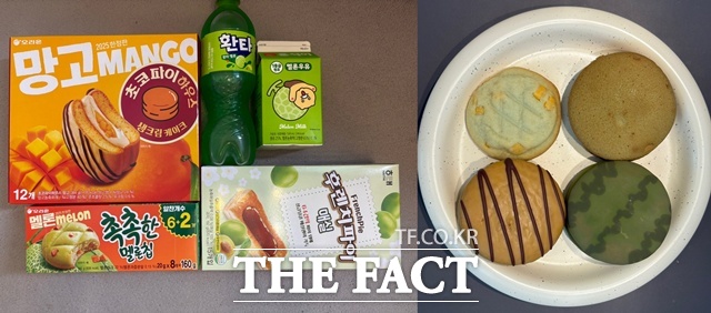 오른쪽 사진은 촉촉한 멜론칩 후레시베리 멜론 초코파이情 수박 초코파이하우스 망고(왼쪽 위부터 시계방향)다. /문화영 기자