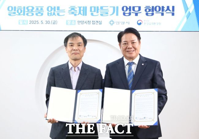 홍동곤 한강유역환경청장(왼쪽)과 최대호 안양시장이 ‘일회용품 없는 축제 만들기’ 업무협약을 체결했다./안양시