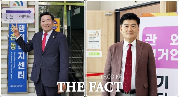 전석광 대전 대덕구의회 의장(사진 왼쪽)과 김동수 유성구의회 의장(오른쪽)이 사전선거 투표일인 29일과 30일, 사전투표소를 방문해 소중한 한 표를 각각 행사했다. /대덕구의회·유성구의회