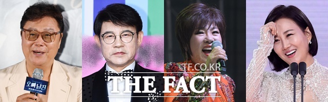 일부 스타급 가수들이 레전드 심사위원 게스트로 포장돼 체면을 유지하는 것처럼 보여도 기성가수들 사이에서는 중간 허리가 무너졌다는 자조섞인 말이 나오고 있다. 왼쪽부터 남진 설운도 김연자 장윤정. /더팩트 DB
