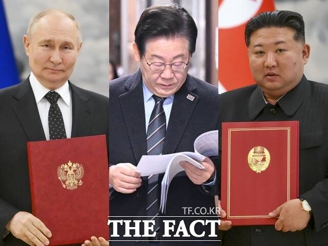 이재명식 실용외교가 그간 민주당 정부의 대북 정책과 결이 다를 수 있다는 해석이 나온다. 북한은 남북 관계를 적대적 두 국가로 명시한 데다, 북러 조약과 러시아 파병으로 인해 고립의 돌파구를 개척한 형국이다. (왼쪽부터) 블라디미르 푸틴 러시아 대통령, 이 당선인, 김정은 북한 국무위원장. /이새롬 기자·AP. 뉴시스