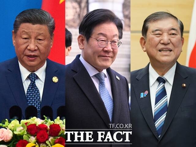 오는 22일 한일 국교정상화 60주년 행사가 개최된다. 오는 10~11월에는 아시아태평양경제협력체(APEC) 정상회의에서 한중정상회담 가능성이 제기된다. (왼쪽부터) 시진핑 중국 국가주석, 이 당선인, 이시바 시게루 일본 총리. /이새롬 기자·AP. 뉴시스