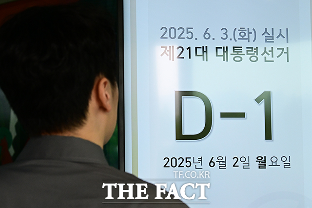 경찰청은 오는 3일 전국 1만4295곳 투표소에 각 2명씩 2만8590명을 투입해 112거점 및 연계 순찰을 실시한다고 2일 밝혔다. 사진은 제21대 대통령선거를 하루 앞둔 2일 경기도 과천시 중앙선거관리위원회 현황판에 대선 D-1 안내 문구가 표시돼 있는 모습./남윤호 기자