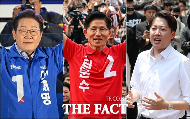 이재명 더불어민주당·김문수 국민의힘·이준석 개혁신당 대선 후보가 투표일인 3일 오후 거듭 투표를 독려하고 나섰다. /배정한·남윤호·임영무 기자