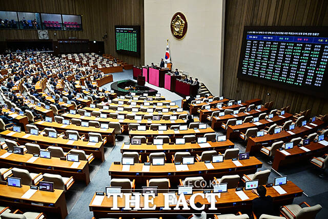 5일 오후 서울 여의도 국회에서 열린 본회의에서 순직해병 수사 방해 및 사건 은폐 등의 진상규명을 위한 특별검사의 임명 등에 관한 법률안이 가결되고 있다.