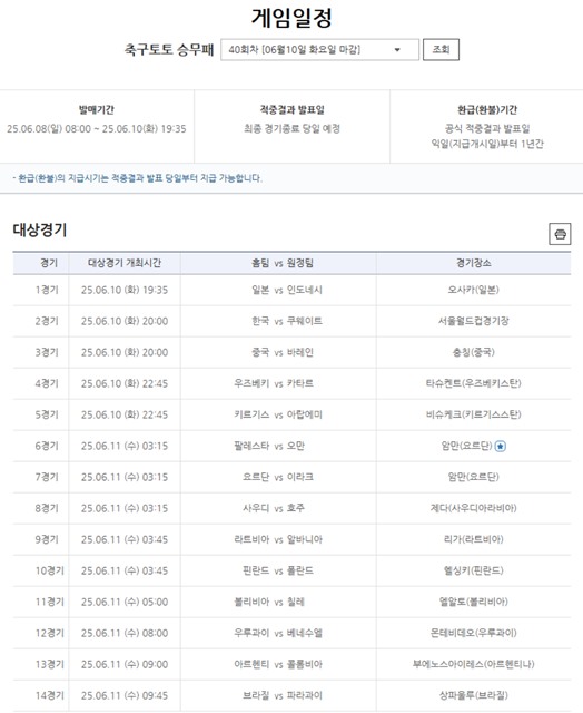 축구토토 승무패 40회차 대상 경기.