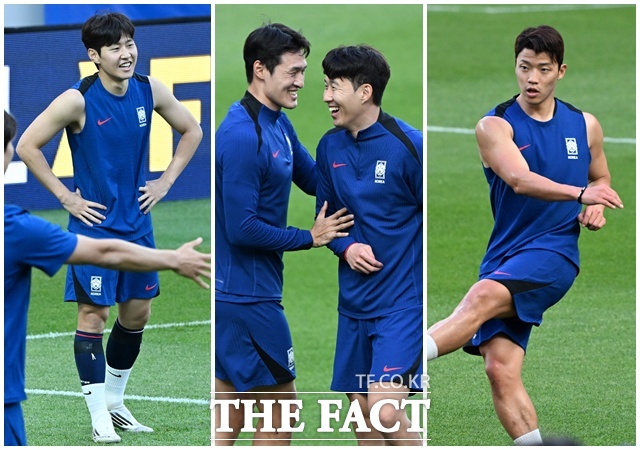 축구 국가대표팀 이강인과 박용우, 손흥민, 황희찬(왼쪽부터)이 2026 국제축구연맹(FIFA) 북중미 월드컵 아시아 3차 예선 쿠웨이트전을 하루 앞둔 9일 오후 서울 마포구 서울월드컵경기장에서 훈련을 하고 있다. /서울월드컵경기장=남용희 기자