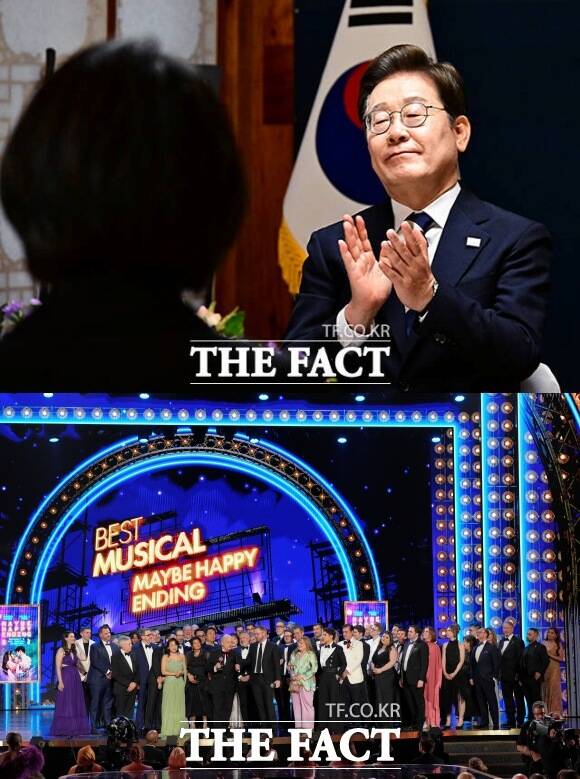 이재명 대통령이 제78회 토니 어워즈에서 작품상을 비롯해 6관왕을 차지한 한국 창작 뮤지컬 어쩌면 해피엔딩의 수상을 축하했다. /배정한 기자, AP.뉴시스