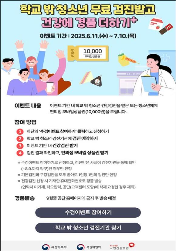 여성가족부가 6월11일부터 7월10일까지 학교 밖 청소년을 대상으로 무료 건강검진을 실시한다. /여성가족부 제공