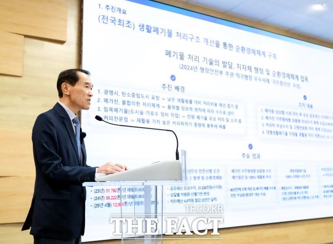 박계근 친환경사업본부장이 12일 생활폐기물 처리구조 관련 브리핑을 하고 있다. /광명시