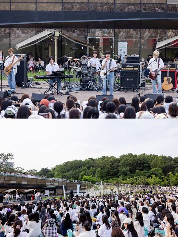 밴드 엔플라잉(위)이 정규 2집 발매를 앞두고 북서울꿈의숲에서 버스킹을 진행했다. /FNC엔터테인먼트