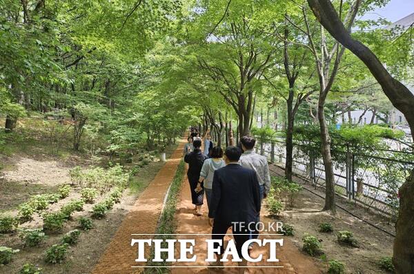 한밭수목원 맨발산책로를 이용하고 있는 시민들의 모습./대전시