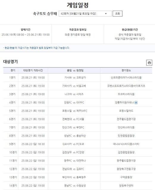 축구토토 승무패 42회차 대상 경기
