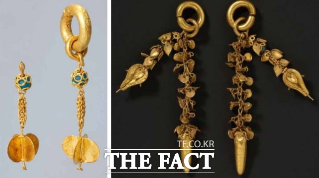 공주 왕릉원 2호분(왼쪽)과 무령왕릉(오른쪽) 왕비의 장식 귀걸이 비교. /공주시