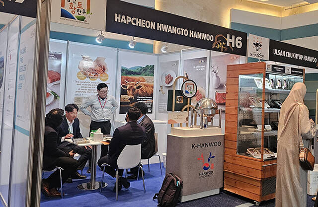 17일 UAE 2025 두바이 K-푸드페어 행사에서 바이어들이 합천축협 부스에서 할랄한우 상담을 받고 있다./공동취재단