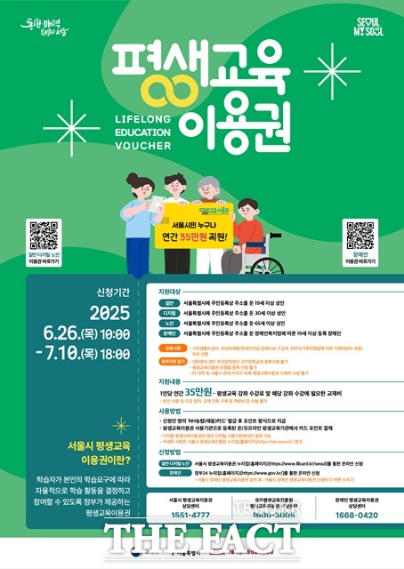 서울시는 성인 시민이 다양한 강좌를 들을 수 있는 평생교육이용권 2차 지원을 실시한다고 24일 밝혔다. 사진은 평생교육 이용권 포스터./서울시