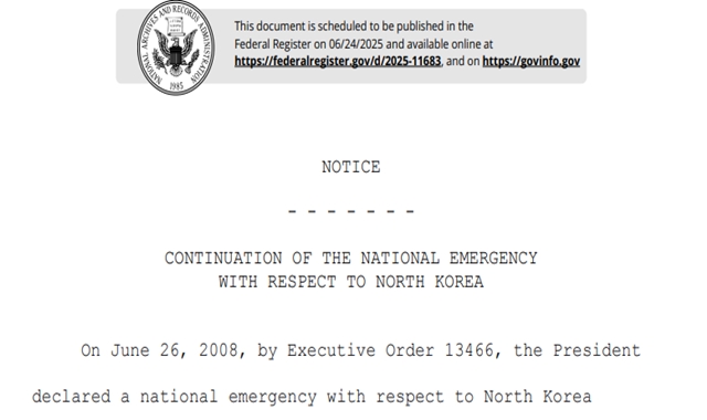 미국 도널드 트럼프 2기 행정부는 북한을 국가비상사태 대상으로 재지정하기로 했다. 사진은 관련 내용이 설명된 관보. /미 연방 관보 갈무리