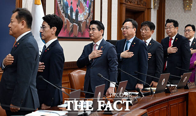 김용현 국방부 장관등 각 부처 장관들이 3일 오전 서울 종로구 정부서울청사에서 열린 국무회의에 참석해 국기에 대한 경례를 하고 있다. /임영무 기자