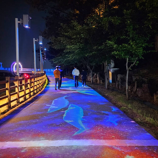 경관조명 설치가 완료된 삼화섬 일원 산책로를 시민들이 걷고 있다. /광양시