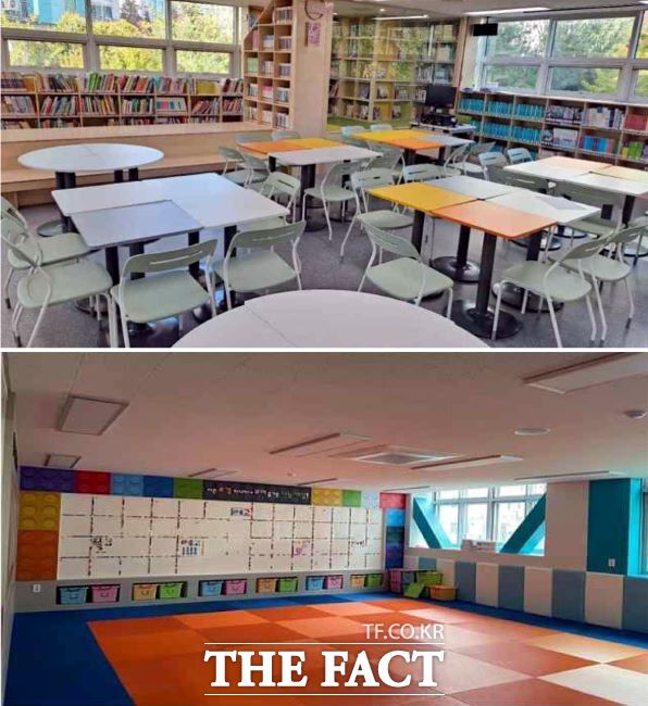 학교환경개선지원사업으로 리모델링한 충현초등학교 도서관(위)과 광문초등학교 실내놀이터 모습./광명시