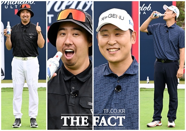 전 야구선수 유희관(왼쪽)과 윤석민이 26일 오후 경기도 파주시 파주 제이퍼블릭 골프클럽에서 열린 울트라 홀 챌린지에서 포즈를 취하고 있다. /파주=남용희 기자