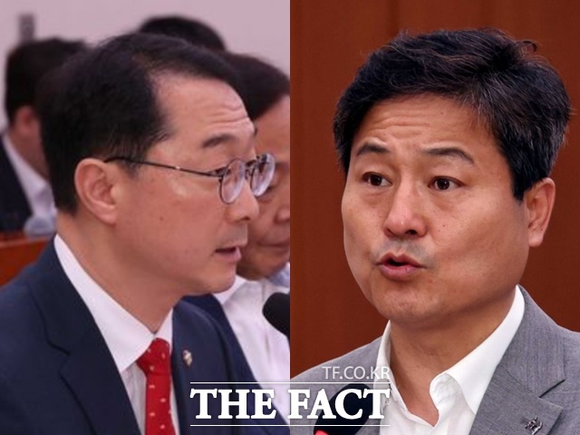 김건 국민의힘 의원(왼쪽)은 이 대통령의 나토 정상회의 불참에 대해 한미 정상회담의 기회를 놓친 것이라고 비판했고, 김영배 민주당 의원은 트럼프의 방위비 청구서를 받았을 것이라고 맞섰다. /뉴시스