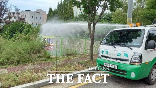 김포시가 최근 시 전역에 급증하고 있는 러브버그를 퇴치하기 위해 도로변에서 친환경 방제를 실시하고 있다./김포시