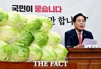  김민석 국무총리 후보자 비판 위해 국회에 등장한 배추 [TF사진관]