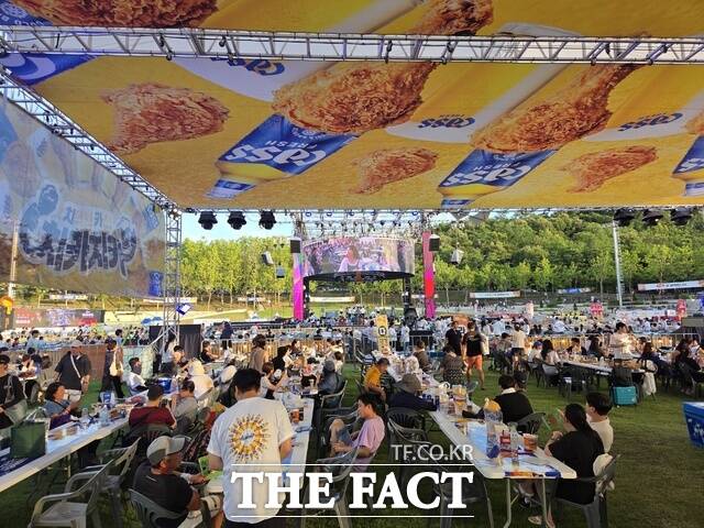 지난 2일 대구광역시 두류공원에서 열린 2025 대구 치맥페스티벌을 찾은 시민들과 관광객들이 행사장에 마련된 테이블에 앉아 공연을 관람하며 치맥을 즐기고 있다. /대구=우지수 기자