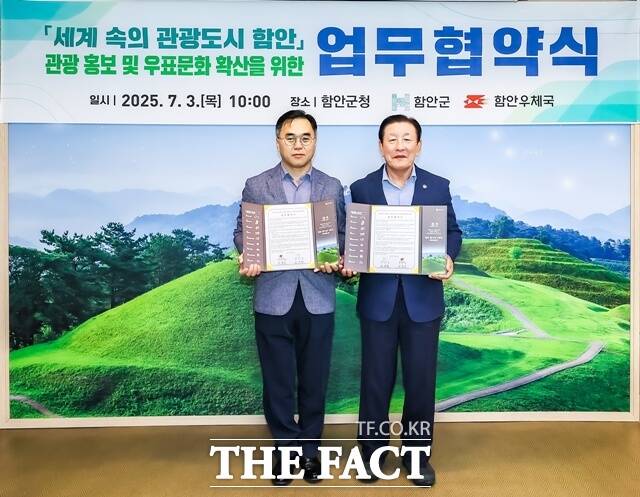 함안군과 함안우체국이 세계 속의 관광도시 함안 홍보 및 우정사업 활성화를 위해 업무협약을 체결했다./함안군