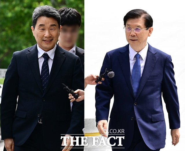 이주호 교육부 장관과 박종준 전 대통령 경호처장이 4일 오후 내란 사건을 수사하는 조은석 특별검사팀에 출석하고 있다. /남윤호 기자