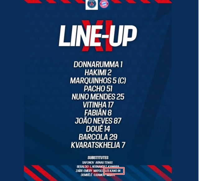 5일 바이에른 뮌헨과 8강전에 나선 PSG의 라인업. 이강인은 교체명단에 이름을 올렸다./PSG