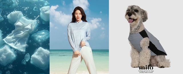 올여름 다양한 냉감 소재 의류가 나오고 있다. 자주 즉각 쿨링 냉감, K2 오싹 시리즈, 마일로 도그웨어의 반려견 의류(왼쪽부터)의 모습이다. /신세계인터내셔날, K2, 마일로 도그웨어