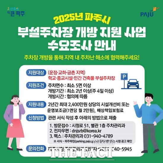 경기 파주시가 도심지 및 주택가의 주차난 해소와 유휴 공간의 효율적 활용을 위해 본격 추진하는 ‘부설주차장 개방 지원 사업’의 안내문./파주시