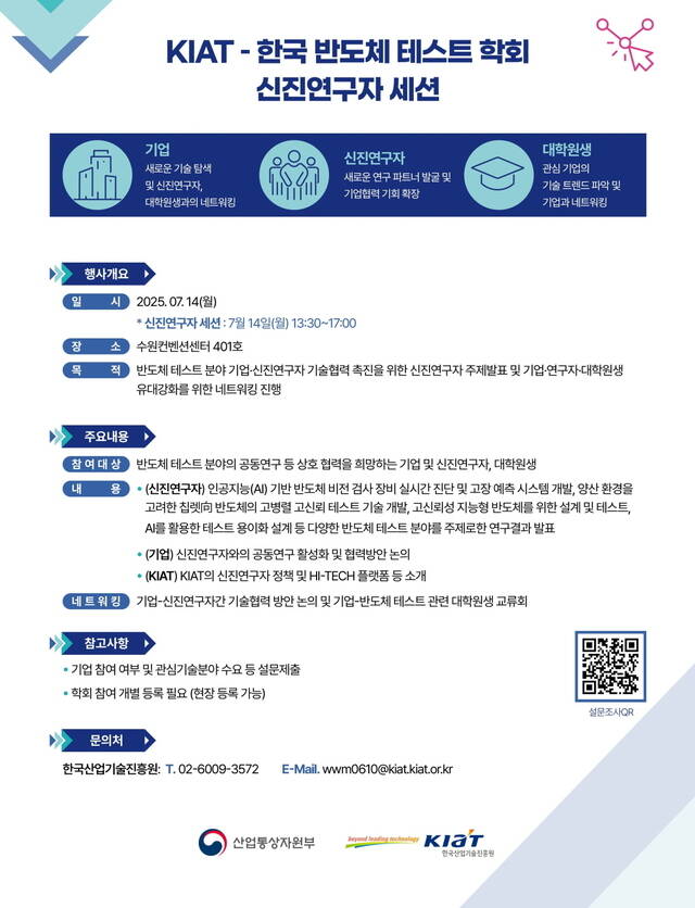 한국산업기술진흥원(KIAT)은 오는 14일 개최되는 한국반도체테스트학회 2025 학술대회에 참여해, 차세대 반도체 테스트 산업과 핵심 인재를 조명하는 신진연구자 세션을 운영한다. /KIAT