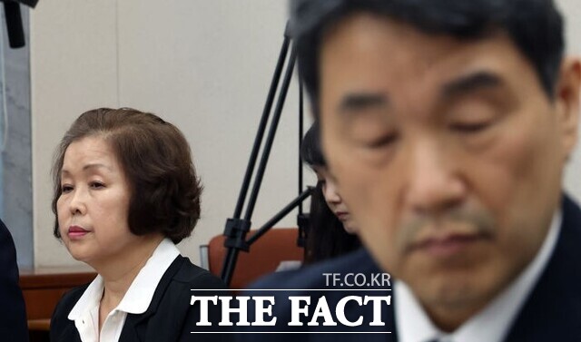 손효숙 리박스쿨 대표(왼쪽)는 10일 국회 교육위원회에서 열린 리박스쿨 청문회 증인으로 참석했다./뉴시스