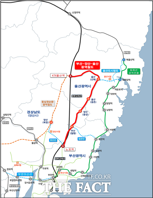 부산~양산~울산 광역철도 건설 사업 노선도. /부산시