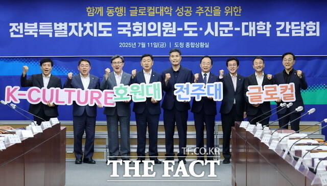 11일 전북도청 종합상황실에서 열린 전북 지역구 국회의원-도-시군-대학 간담회에 김관영 전북도지사(왼쪽 네 번째), 도내 국회의원 6명, 박진배 전주대 총장(왼쪽 여섯 번째), 강희성 호원대 총장(왼쪽 세 번재)이 참석한 가운데 글로컬대학 본지정 대응 간담회를 마치고 기념 촬영을 하고 있다. /전북도