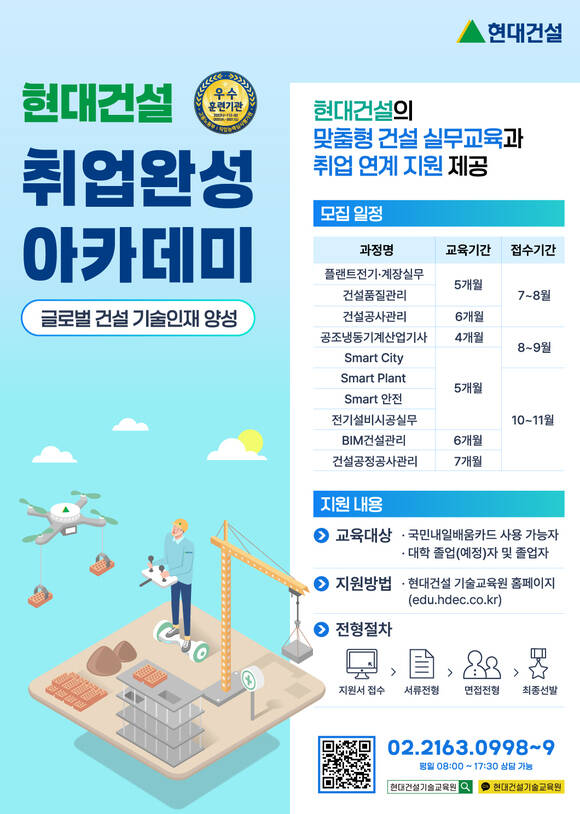 현대건설 기술교육원은 건설산업 분야의 글로벌 기술인재 양성을 위해 취업완성 아카데미 기술교육생을 모집한다고 11일 밝혔다. /현대건설