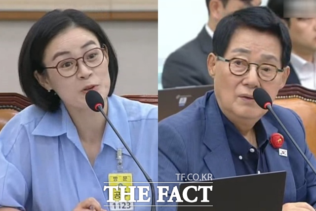 9일 국회 법제사법위원회의 검찰개혁 법안 공청회에 참석한 김예원(왼쪽) 변호사와 박지원 더불어민주당 의원./ 국회방송 유튜브 캡처