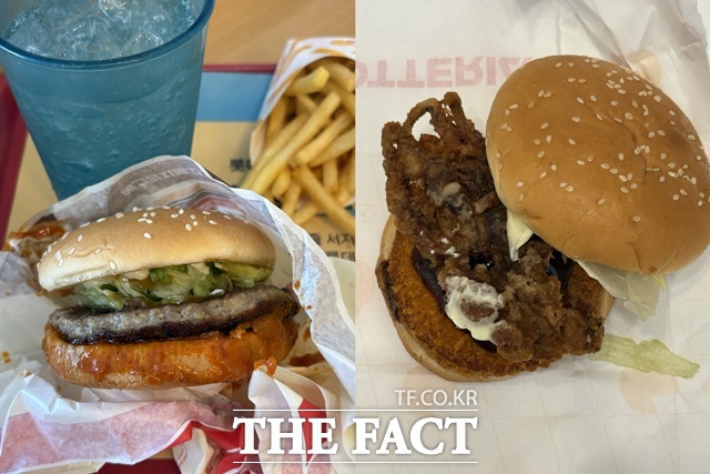 롯데리아가 최근 김치불고기버거(왼쪽)와 오징어 얼라이브 버거를 출시했다. /문화영 기자